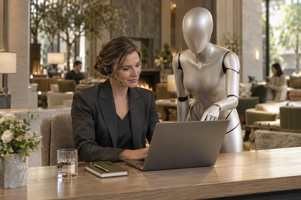 Una especialista de reservas y la androide plateada de Staywise atienden una consulta desde un escritorio del hotel.