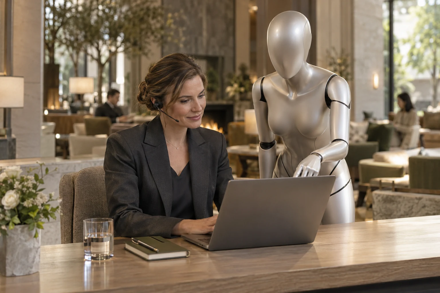 Una especialista de reservas y la androide plateada de Staywise atienden una consulta desde un escritorio del hotel.