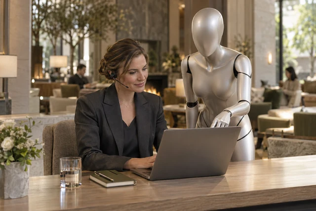 Una especialista de reservas y la androide plateada de Staywise atienden una consulta desde un escritorio del hotel.