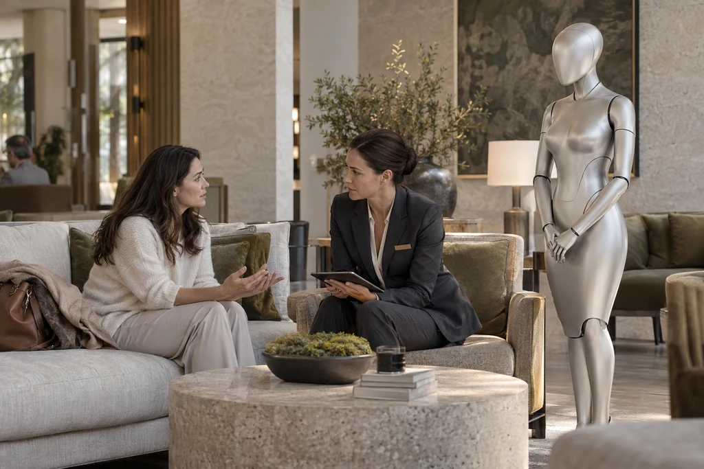 Una supervisora escucha el reclamo de una huésped y revisa el caso junto a la androide de Staywise.