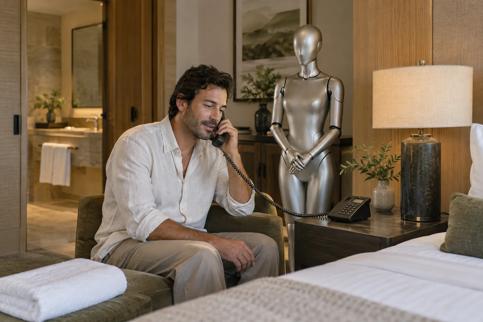 Un huésped solicita atención por el teléfono de su habitación, con la androide de Staywise como representación del asistente.